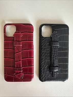 New iPhone 12 Pro Max Leather-Textured Phone Case with Wrist Strap - Red & Black